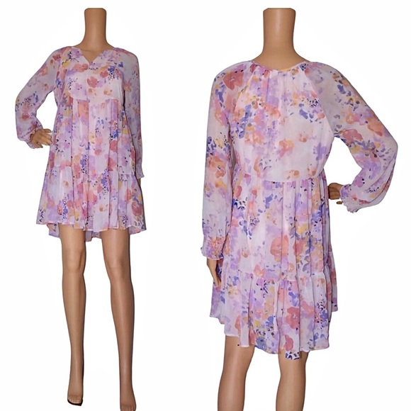 New! Adyson Parker Floral Tiered Puff Long Sleeve Mini Dress Size XS - Picture 1 of 16